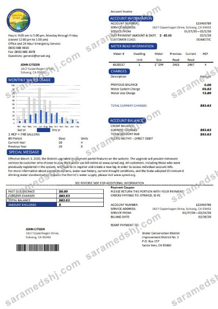 USA California Santa Ynez water utility bill template in Word and PDF format